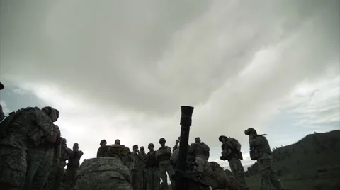 Close slow motion shot smoke and mortar leaving barrel of mortar launcher. Stock Footage 52704224