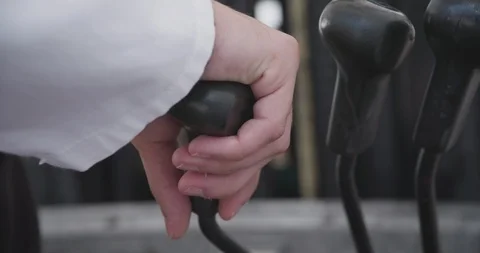 Close up slow motion shot, young man hand drive, operate forklift, 4K. Stock Footage 117192632