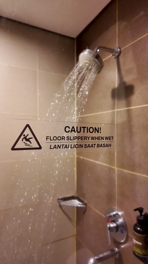 Close Up Slow Motion Shower Head Spraying Water With Slippery Floor Sign Stock Footage 344087628