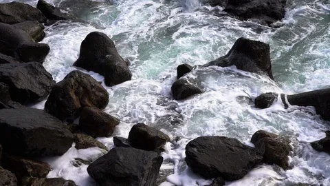 CLOSE UP slow motion of Stormy Sea Waves crash into Concrete Pier Stock Footage 126040997