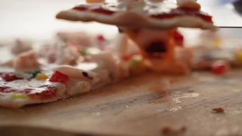 Close-up, slow motion video, scoop pizza from a wooden tray Stock Footage 139653633