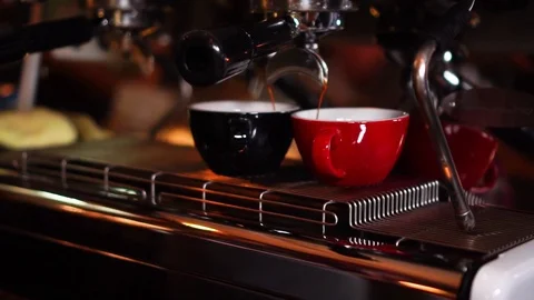 Close up slow motion view on modern espresso coffee machine making cappuccino in Stock Footage 103993406