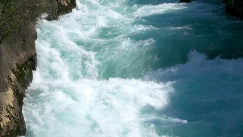 Close up slow motion waterfall, bright blue water of the Waikato river Stock Footage 80984515