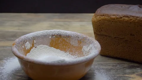 Close-up, Slow Motion, Woman's Hand Flour Flour Through Sieve in Bowl, bread Stock Footage 119102816
