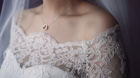 Close up. slowmotion. The bride straightens her veil with her hand. Stock Footage 128651912