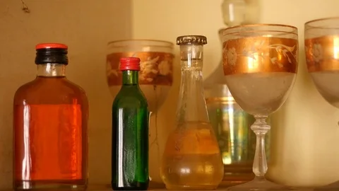 Close up of small alcohol bottles Stock Footage 88918466