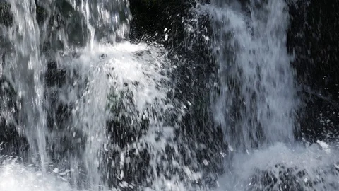 Close up small forest waterfall cascading over mossy rocks slow motion Stock Footage 111741793