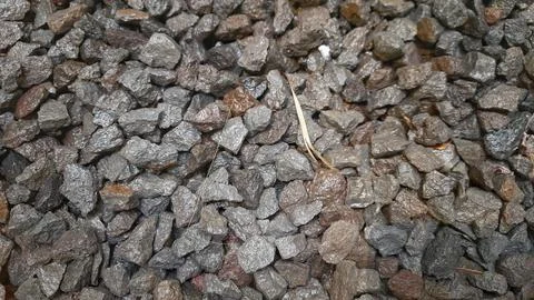 Close-up of small gray and brown gravel rocks texture background Fotos Stock