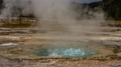 Close up of small hot active gushing gayser in yellowstone national park in a Stock Photos