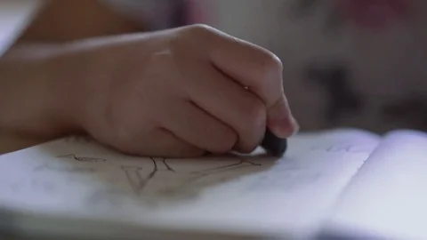 Close up of small kid erasing drawing with rubber on white paper Stock Footage 80637596