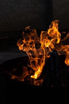 Close up of small logs of wood burning outdoors, campfire in summer Stock Photos