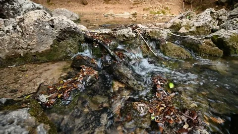 Close up of a small  mountain stream over a rocky area Stock Footage 130664168