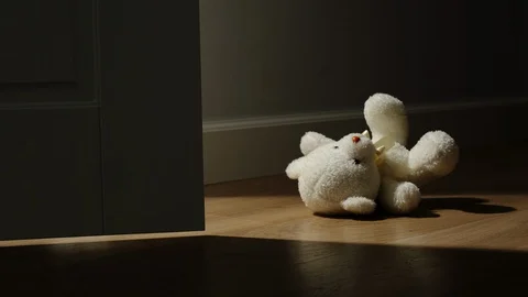 CLOSE UP: Small Plush Bear Toy Is Thrown On The Floor At Home Stock Footage 124623355