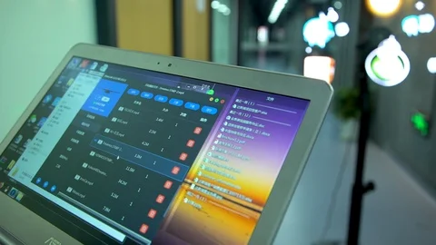 A close up of a small portable computer holographic interface background Stock Footage 96226252