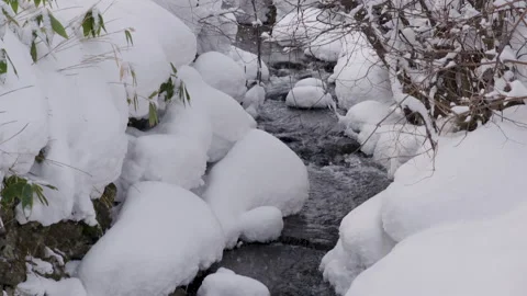 Close Up Of Small River Covered In Snow Japan Stock Footage 239654748