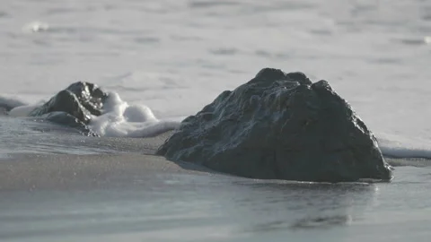 Close-up of small rock on beach with wave, San Francisco Stock Footage 333194143