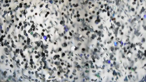 Close-up of small silver spangles floating in a watery oily substance Stock Footage 127714569