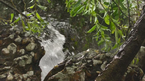 Close up of small waterfall on cloudy day, slow motion Stock Footage 288901595