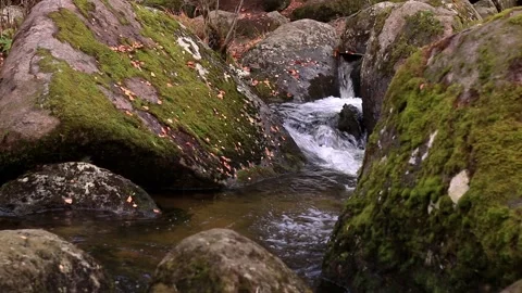 Close-up of a small waterfall flowing over rocks with moss Stock Footage 330912609