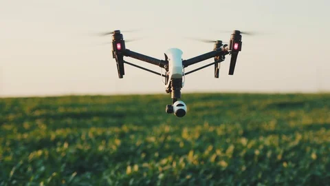 Close up smart agriculture drone flying in sky rural aerial helicopter agros Stock Footage