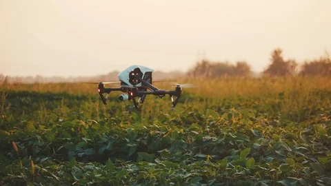 Close up smart agriculture drone flying in sky rural aerial helicopter agros Stock Footage