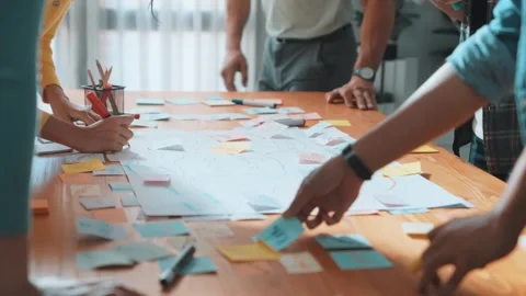 Close up of smart developer team using mind map to brainstorm idea. Symposium. Stock Footage 270458668