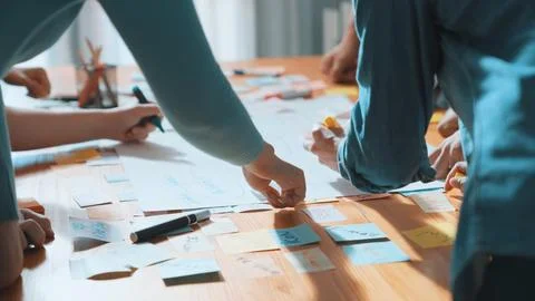 Close up of smart developer team using mind map to brainstorm idea. Symposium. Foto stock