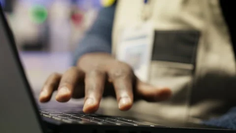 Close up of smart factory worker using laptop to test automated systems Stock Footage 307360766