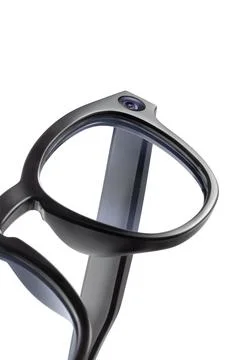Close up of smart glasses frame with integrated camera lens isolated on whi.. Stock Photos