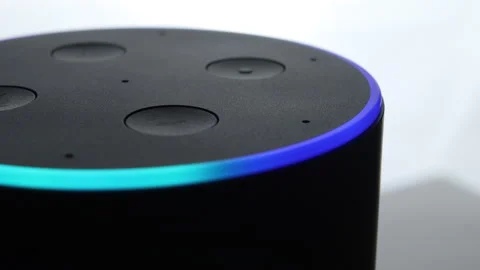 Close up of a smart speaker assistant for smart home - blue light Stock Footage 154824606
