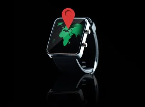 Close up of smart watch with world map projection 写真素材