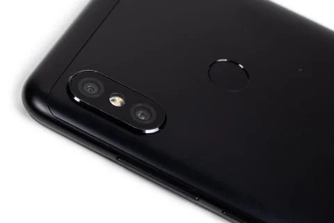 Close up of smartphone camera and flash on white background Foto stock