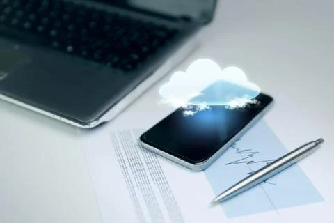 Close up of smartphone with cloud icon projection Foto stock