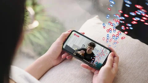 Close up smartphone live streaming, Flying Emojis love and Likes Видео 158102113