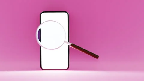 Close-up of a smartphone mockup with a white screen through a magnifying glass 스톡 동영상 280696740