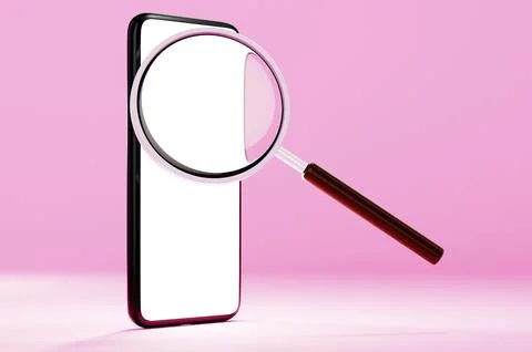 Close-up of a smartphone mockup with a white screen through a magnifying glas 스톡 일러스트