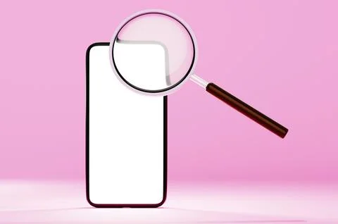 Close-up of a smartphone mockup with a white screen through a magnifying glas 스톡 일러스트