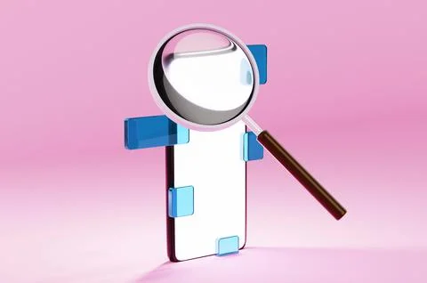 Close-up of a smartphone mockup with a white screen through a magnifying glas 스톡 일러스트