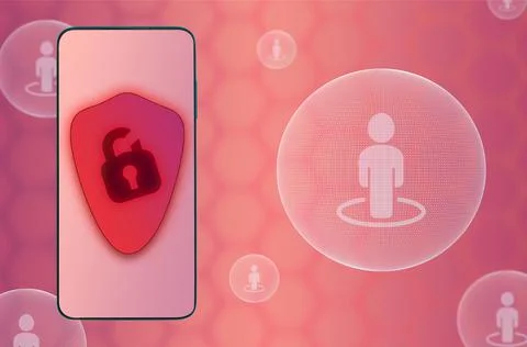 Close-up of a smartphone on a red background with a broken lock. Phishing and Stock Illustration