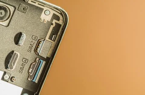Close-up of the smartphone without a back cover. Slots for SIM cards. Selective Foto stock
