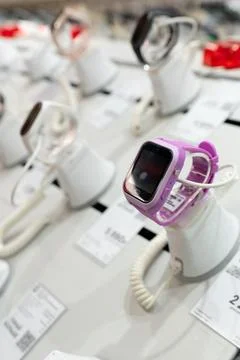 Close-up of a smartwatch on display at an electronics store in Russia. Stock Photos