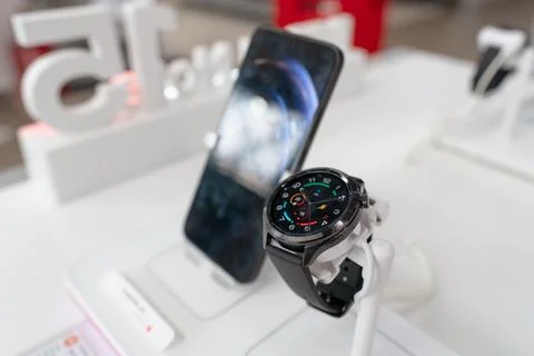 Close-up of a smartwatch on display at an electronics store in Russia. Stock Photos