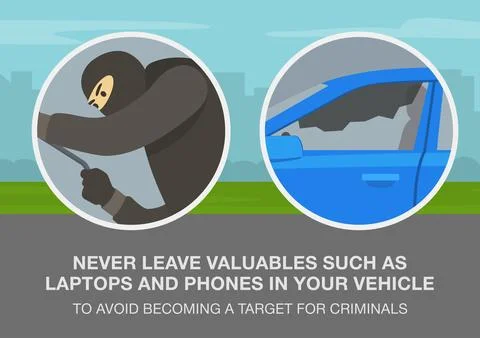 Close-up of smashed car side window and thief with a robbery mask. Stock Illustration