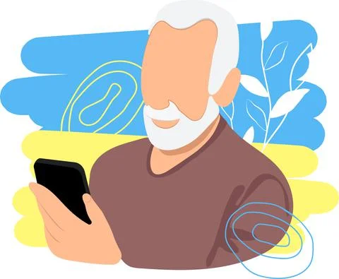 Close up smiling bearded senior using smart phone Stock Illustration