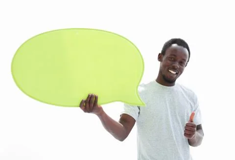 Close up. smiling guy with bubble pointing at you. Stock Photos
