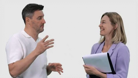 Close-up smiling woman taking notes while listening boss, alpha channel in Stock Footage 304808343