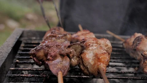 Close-up smoked bbq lying on brazier outdoor. Macro of cooked kebabs smoking on Stock-Footage 126880884