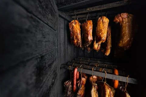 Close up of smoked meat and belly or beech meat with dark crust in the 库存照片