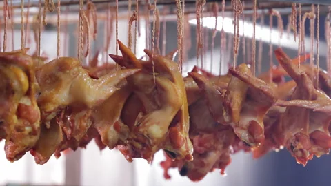 Close-up of Smoked Poultry in a Meat Processing Plant, Smoked chicken pieces Stock Footage 272587616