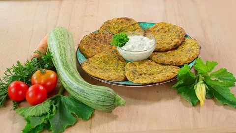 Close-up, smooth camera movement across a plate of zucchini pancakes with sauce Stock Footage 270150279